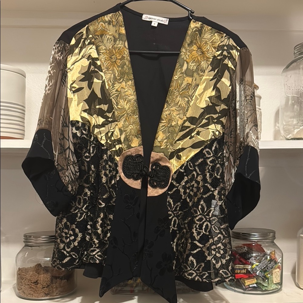 Spencer Alexis Floral Kimono Cardigan with Gold Accents